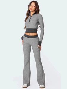 Pantalon Évasé à Taille Haute pour Femmes Ceinture de Couleur Contrastée Lifting des Hanches Coupe Ajustée Sportif en Tricot de Polyester