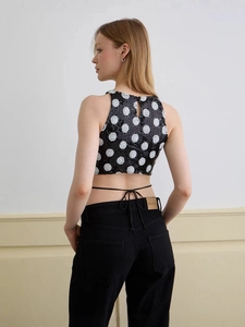Women's 2025 summer sequin polka dot sleeveless crop top with open back tie design