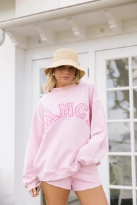 Detail of light pink sweatshirt set featuring Fancy gingham plaid letter embroidery
