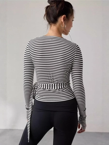 Women wrap waist slim fit long sleeve shirt with black and white horizontal stripes