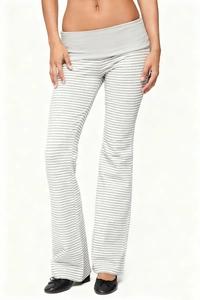Detail view of high-waist grey striped flare pants with elastic waistband and soft fabric