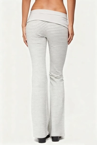 Rear view of grey striped flared pants with a fold-over waistband and slim fit cut
