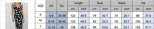 Size chart for slim backless floral maxi dress in cm and inch for sizes S, M, and L