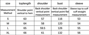 Detailed size chart for girls vintage lamb wool jacket with measurements in centimeters