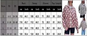 Detailed size chart for women's polka dot fleece jacket showing bust and sleeve length