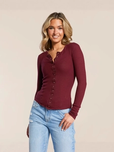 Slim fit burgundy waffle knit cardigan for women with button-up front and long sleeves