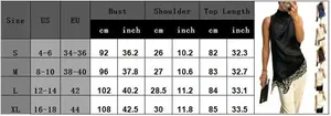 Detailed size guide table for lace trim halter top showing US and EU measurements