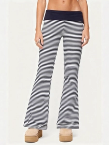 Women's black and white striped high-waisted flare pants with comfortable elastic waistband