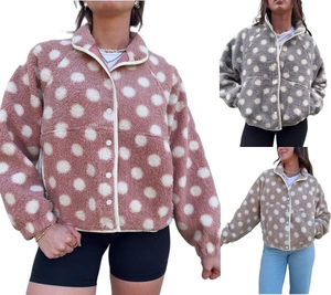 Polka dot fleece jackets in pink, grey and khaki with stand collar and single-breasted design