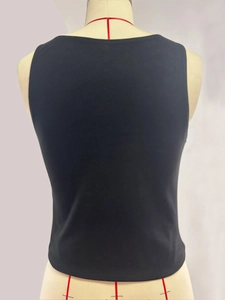 Rear view detail of black slim fit sleeveless top with rhinestone embellishments