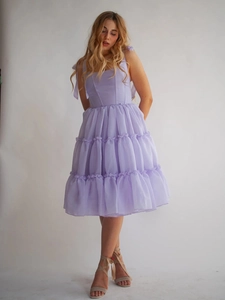 Damen Elegant Polyester Tüll Gestufter Mittellanges Kleid Mit Schleifenband Korsett Schnürrücken Formelles Party Abendkleid
