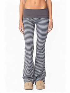 Women's high-waisted striped flared pants with slimming grey waistband and blue stripes