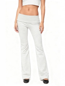 Women's two-piece crop top and high-waist striped flared pants set in soft grey knit