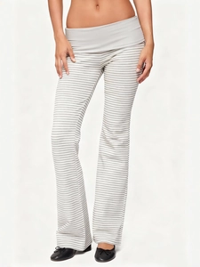 Women's high waist striped flared pants with gray fold-over waistband for casual wear