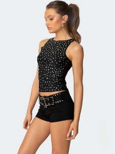 Slim fit black sleeveless tank top with silver rhinestone studs and a crew neck style