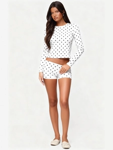 Women's Fashion Polka Dot Print Two Piece Set Long Sleeve Round Neck Slim Fit Top And Matching Shorts Lounge Set