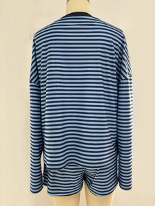 Back view of a casual blue and black striped two-piece set featuring long sleeves and shorts