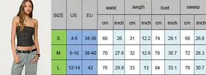 Tabella dettagliata delle taglie del top con borchie retrò con misure US ed EU in cm e pollici