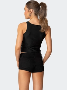 Slim fit backless rhinestone tank top and denim shorts back view in black