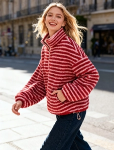 Vintage gestreifte Fleecejacke für Mädchen mit Stehkragen für Wärme im Herbst und Winter