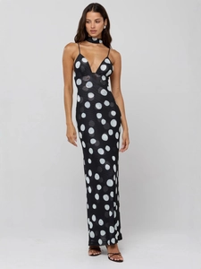 Women's Sexy Polka Dot Maxi Dress Deep V Neck Backless Spaghetti Strap Slim Fit Summer Long Dress With Choker Jewelry