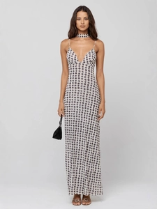 Sexy slim-fit halter neck maxi dress with gray polka dot print and matching choker accessory