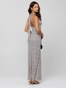 Elegant backless halter maxi dress with gray polka dot pattern and slim fit design
