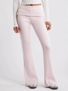 Pantalon Évasé en Tricot à Côtes pour Femmes Taille Haute avec Ceinture Rabattable Confortable Extensible Couleur Unie Jambe Large