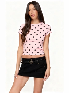 Vintage Polka Dot Print Slim Fit Crew Neck T-Shirt For Women Retro Short Sleeve Pullover Summer Casual Streetwear Fashion Top