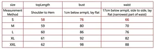 Detailed size chart for sexy halter top with measurements for bust, waist and length