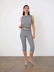 Ensemble femme haut sans manches et pantalon 7/8 à motif à carreaux noir et blanc