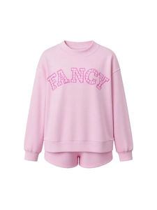 Women American Style Relaxed Pullover Sweatshirt And Shorts Set Solid Color Long Sleeve Top And Bottom Loungewear Outfit