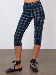 Pantalon court à carreaux bleu et noir pour femme avec taille haute élastique et coupe slim