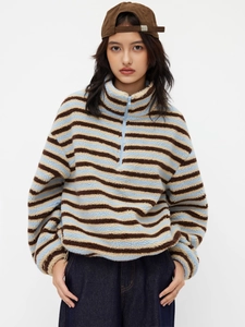 Vintage Streifen-Fleecepullover für Mädchen mit halbem Reißverschluss und Stehkragen