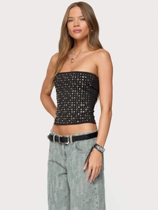 Top a fascia nero retrò con borchie metalliche e strass a stella per uno stile streetwear