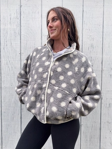 Women's gray polka dot fleece jacket with warm stand-up collar and button closure