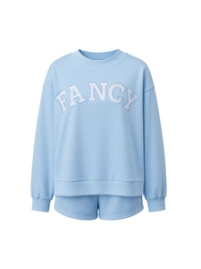 Light blue two-piece lounge set with long sleeve FANCY sweatshirt and matching shorts