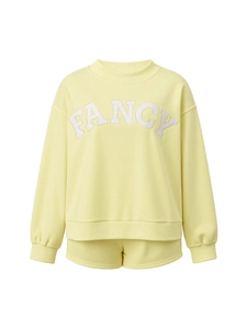 Women's 2-piece light yellow loungewear set with long sleeve sweatshirt and shorts