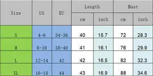 Size chart for women's sequin tank top showing S to XL with bust and length measurements