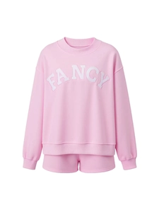 Pink lounge set with round neck long sleeve sweatshirt and shorts featuring FANCY applique