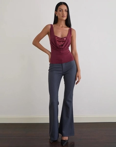 Detailed close-up of sequined burgundy cowl neck tank top for elegant women's evening wear