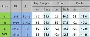 Detailed size chart for V-neck bow party dress showing US and EU measurements in cm and inches