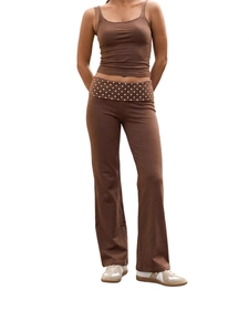 Women High Waist Flared Pants Polka Dot Contrast Waistband Slim Fit Brown Stretch Trousers Casual Streetwear Fashion