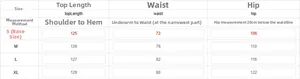 Größentabelle für den bedruckten Overall mit weitem Bein inklusive Maßangaben in cm