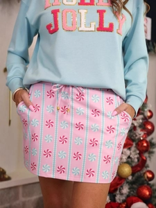 Christmas blue holly jolly sweatshirt and candy print pink mini skirt set for women