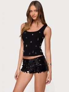 Haut sans manches noir pour femme avec pendentif goutte et short à paillettes