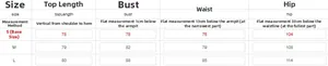 Tableau des tailles pour robe courte dos nu en cm avec mesures S, M, L