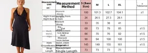 Tableau des tailles détaillé pour robe dos nu à pois avec mesures pour S, M, L et XL