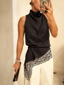 Elegant black satin halter top with lace hem and asymmetric high collar for women