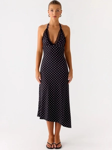 Robe Dos Nu à Pois Avec Bordure en Dentelle Taille Haute Amincissante Ourlet Irrégulier Robe Courte pour Femmes Fête